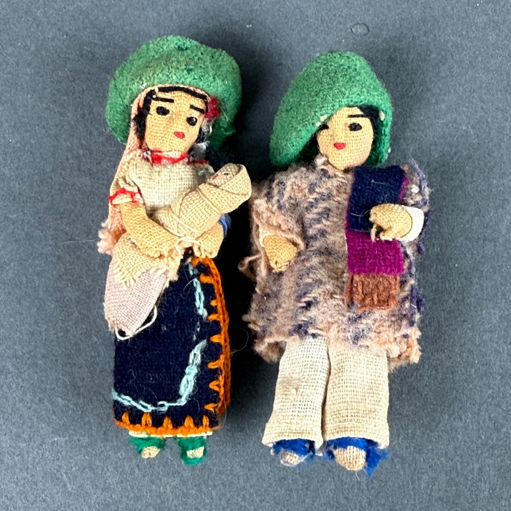 Vintage Guatemalan Worry Dolls Handmade Folk Art Fabric Figures Set of 2 Good